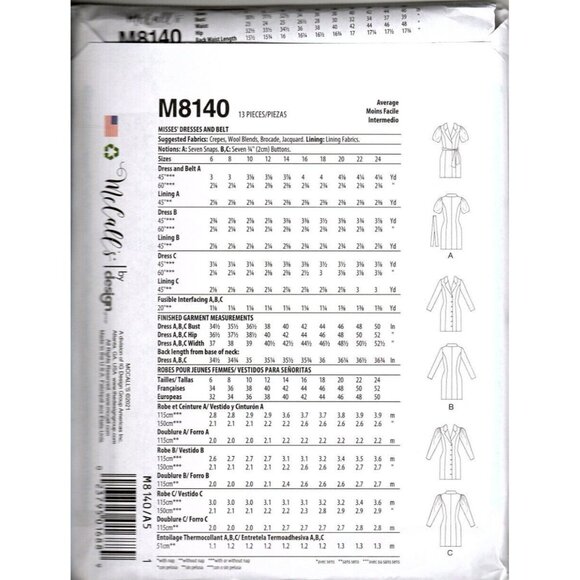 McCall's M8140 Misses 14 to 24 Button Front Dresses Uncut Sewing Pattern New - Picture 2 of 2